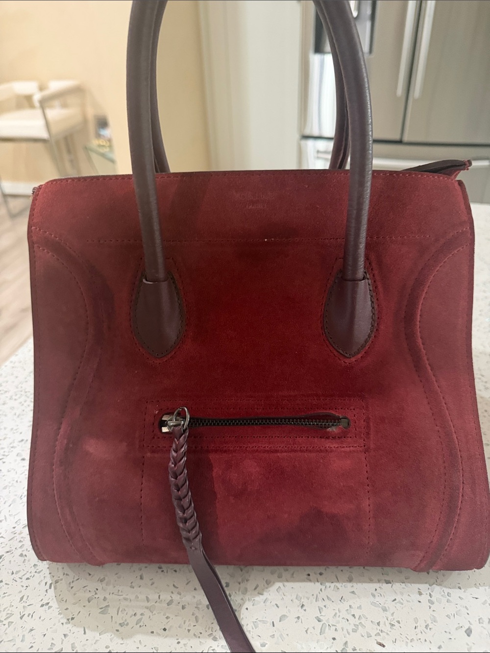 Celine Red Suede Satchel with Brown Handles